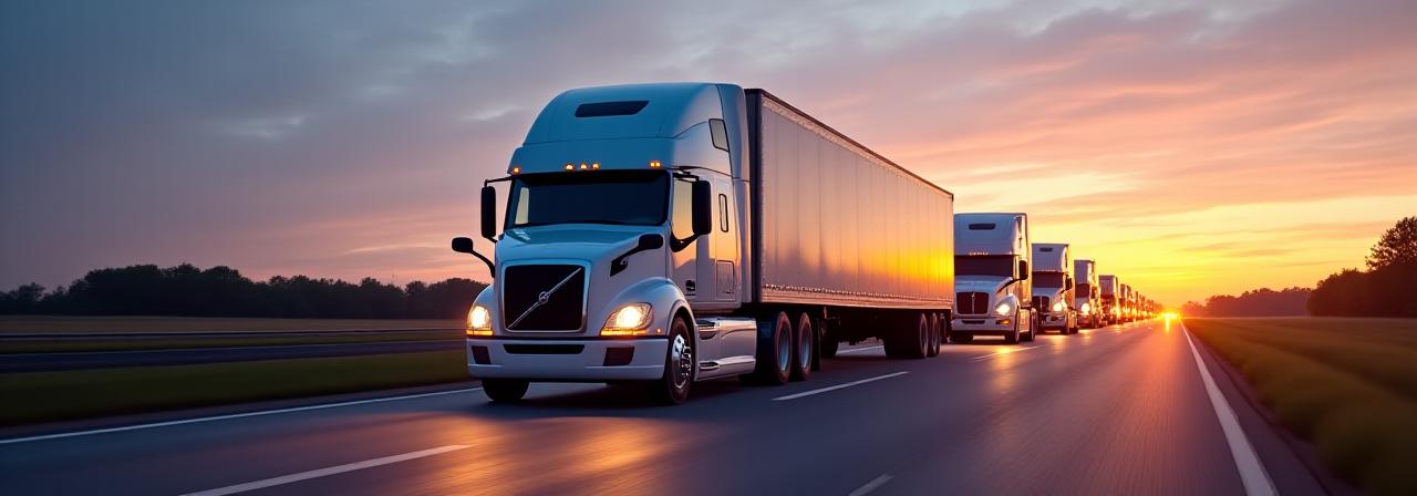 BMS Trifecta fleet of refrigerated trucks on Ohio highway at dusk